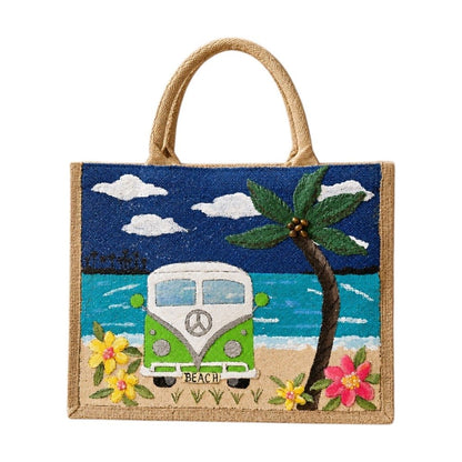 Hand-painted jute tote bag featuring a retro green beach van parked by the ocean with palm trees, tropical flowers, and a bright blue sky. Coastal-inspired artisan beach tote with dimensional details and natural rope handles.