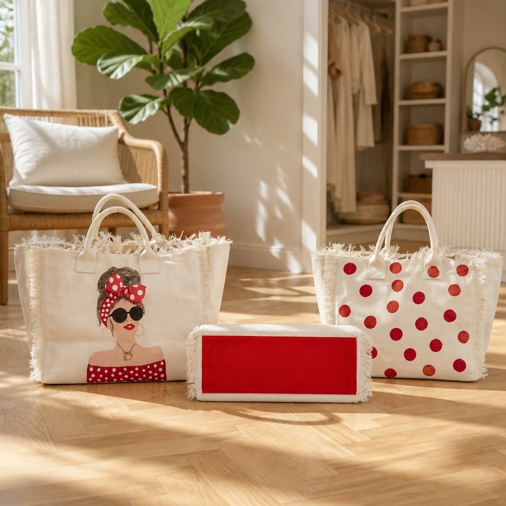 Scarlet Muse fringed tote showing hand-painted red polka dot front, coordinating back and painted red bottom