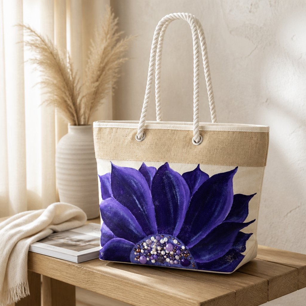 Hand-painted rope handle beach tote featuring a bold purple floral design with jeweled embellishments at the flower center, accented with natural jute trim and oversized cream rope handles against a neutral background.