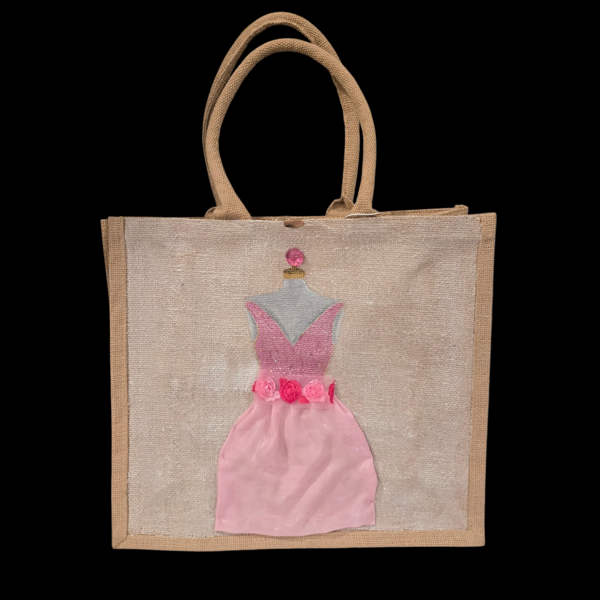 Hand-painted jute tote bag featuring a blush pink bridesmaid dress with floral details on a natural canvas background