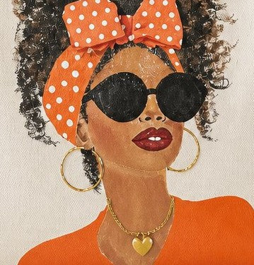 Close-up of the orange Polka Dot Muse featuring a stylish woman with black sunglasses, gold hoop earrings, red lips, and a orange polka dot headband.
