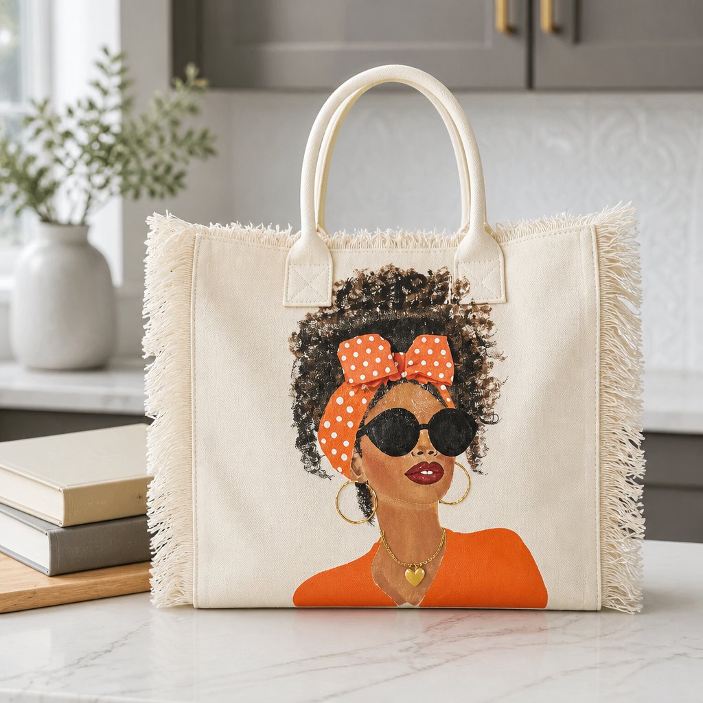Hand-Painted Orange Polka Dot Muse Fringed Tote Bag