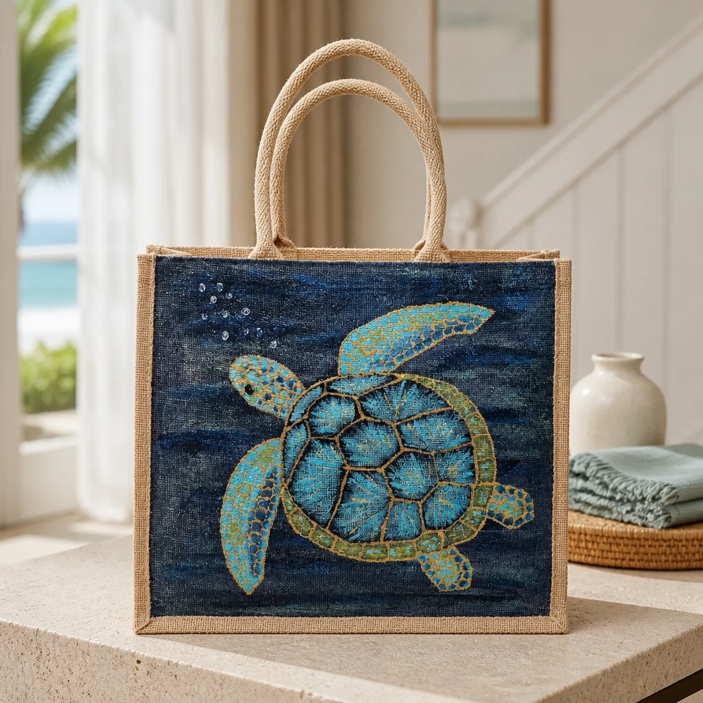 Hand-painted jute tote bag featuring a blue and turquoise sea turtle swimming underwater against a deep navy ocean background, with natural burlap handles and trim.