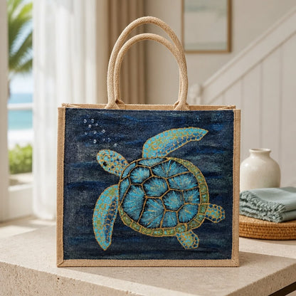 Hand-painted jute tote bag featuring a blue and turquoise sea turtle swimming underwater against a deep navy ocean background, with natural burlap handles and trim.