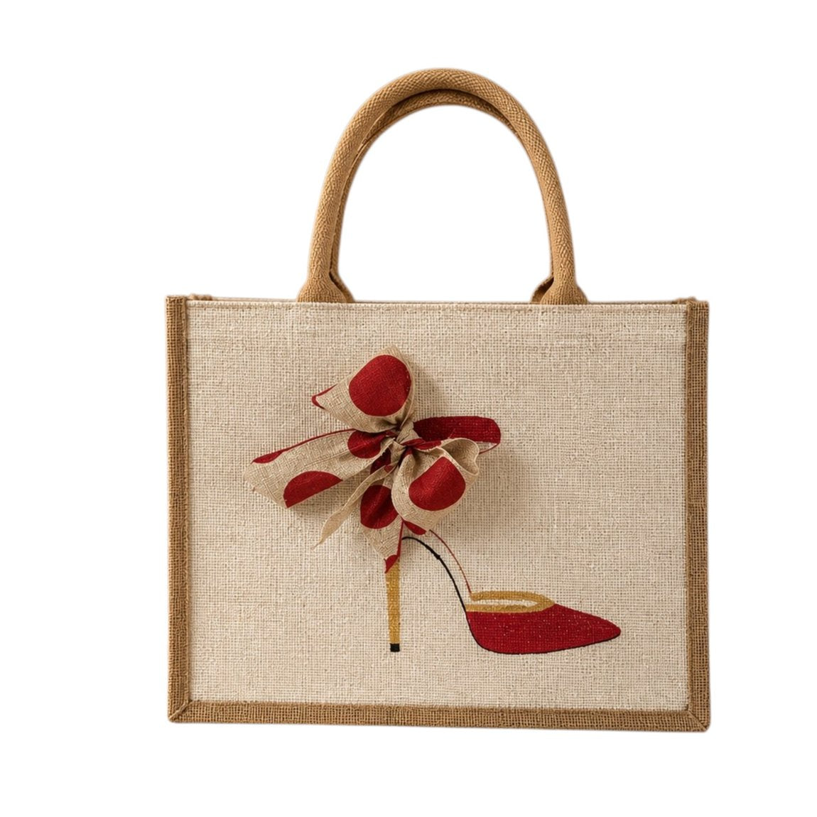 Hand-painted jute tote bag featuring a red high heel shoe design with an oversized red and natural polka dot bow detail. Neutral canvas-style tote with structured handles and fashion-inspired artwork on a light textured background.