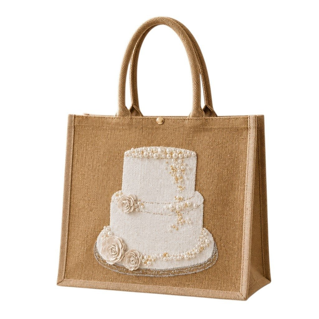 Hand-painted jute tote bag featuring an embellished three-tier white wedding cake design with pearl accents, floral details, and shimmering trim on a rich gold background.