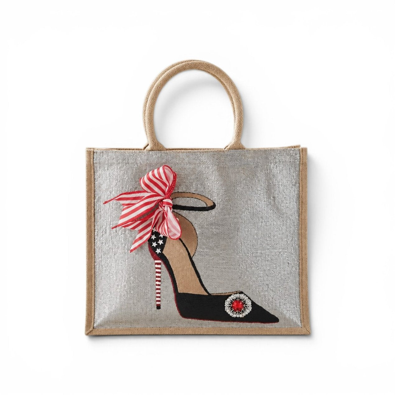 Hand-painted jute tote bag featuring a black stiletto shoe with a red-and-white striped heel, star accents, a striped bow, and a sparkling red jewel embellishment on a silver background.