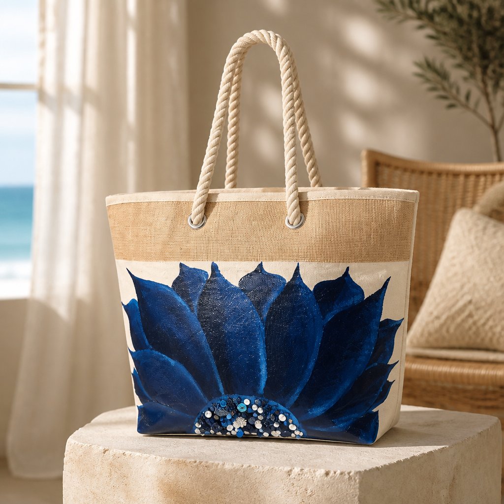 Hand-painted rope handle beach tote featuring a bold navy blue floral design with sparkling jeweled embellishments at the flower center, accented with natural jute trim and oversized cream rope handles against a neutral background.