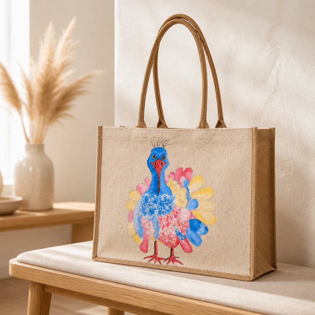 Hand-Painted Whimsical Pastel Turkey Tote Bag