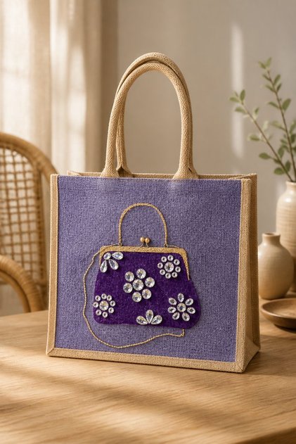 Hand-painted lavender jute tote bag featuring an embellished purple vintage-style purse design with sparkling jewel accents and dimensional floral details. Elegant fashion-inspired statement tote with natural jute trim, double handles, and magnetic snap closure. Perfect for boutique fashion lovers, dressy occasions, and unique handmade gift giving.
