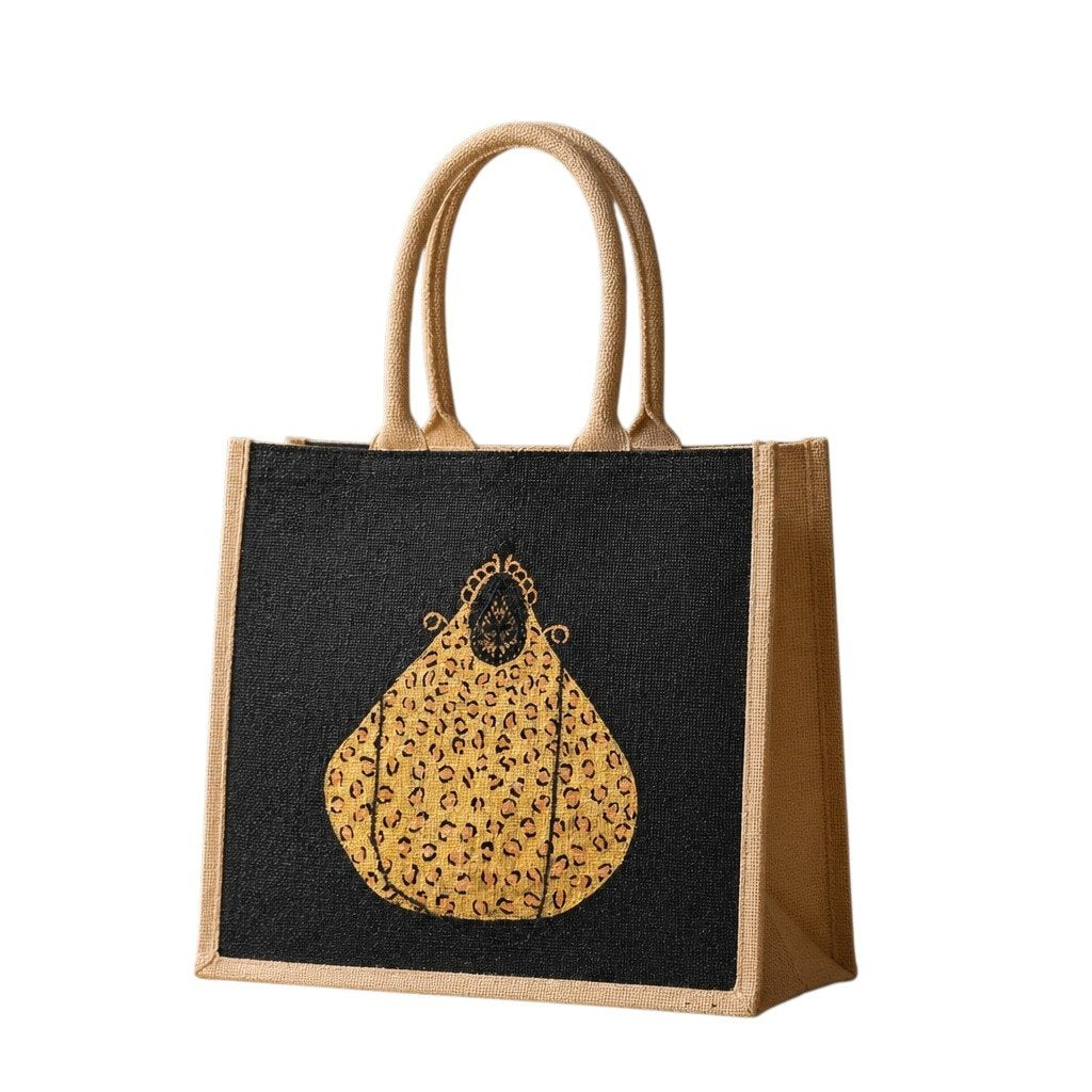 Hand-painted black jute tote bag featuring a bold leopard-print purse design, blending playful fashion with statement-making style for everyday wear or gifting.