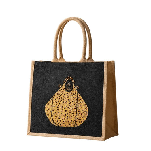 Hand-painted black jute tote bag featuring a bold leopard-print purse design, blending playful fashion with statement-making style for everyday wear or gifting.