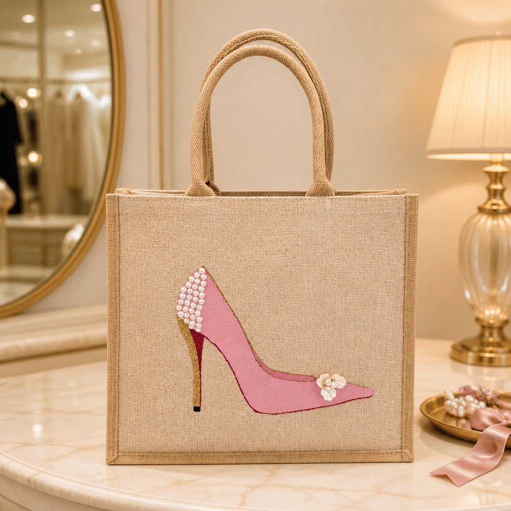 Hand-painted pink stiletto tote bag on natural jute canvas featuring pearl embellishments on the heel, a gold glitter heel accent, and delicate floral detail on the toe.