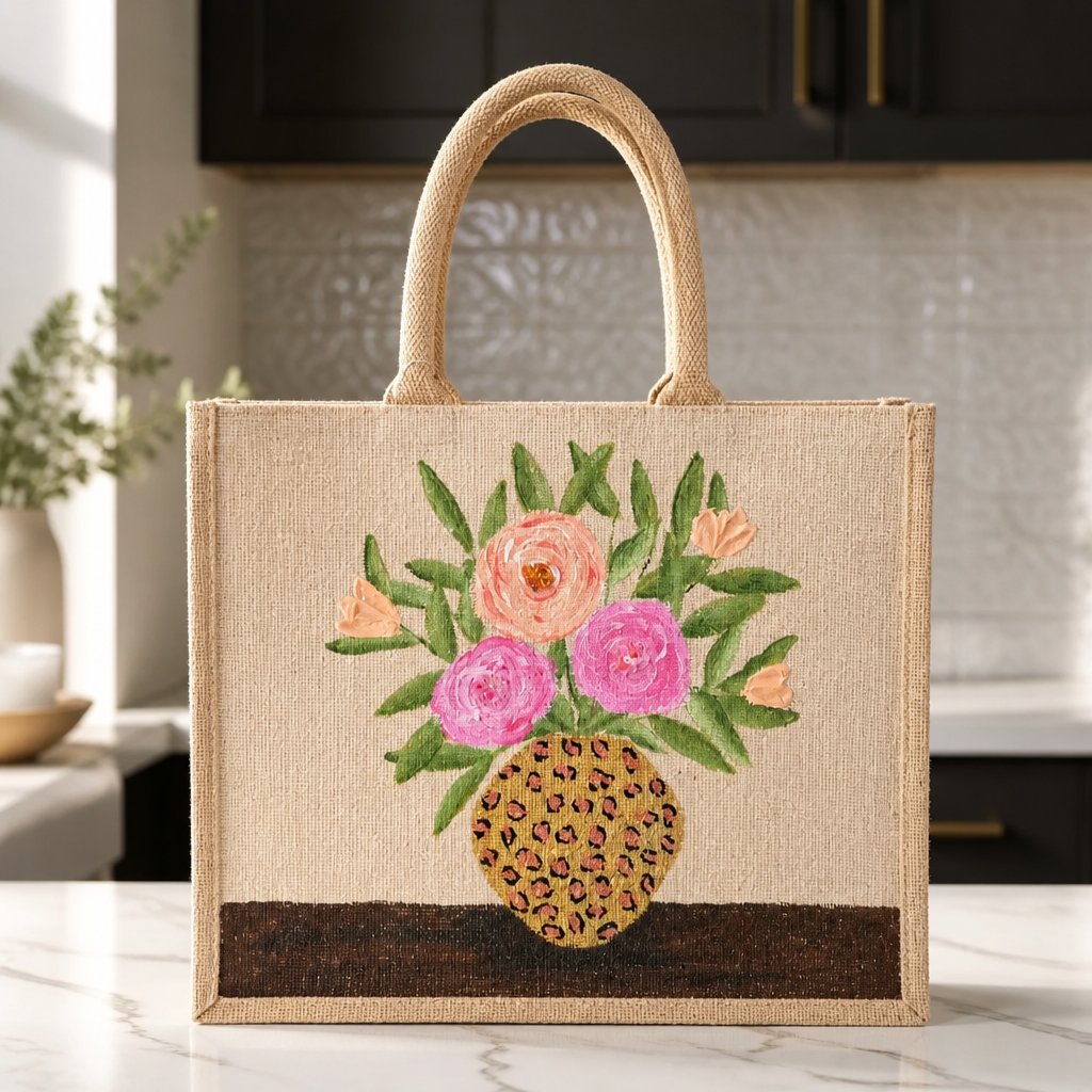 Hand-painted natural jute tote bag featuring a floral arrangement of pink and peach blooms with green leaves in a leopard-print vase. The structured tote has natural woven handles and a warm neutral palette that blends feminine floral charm with trendy animal-print accents.