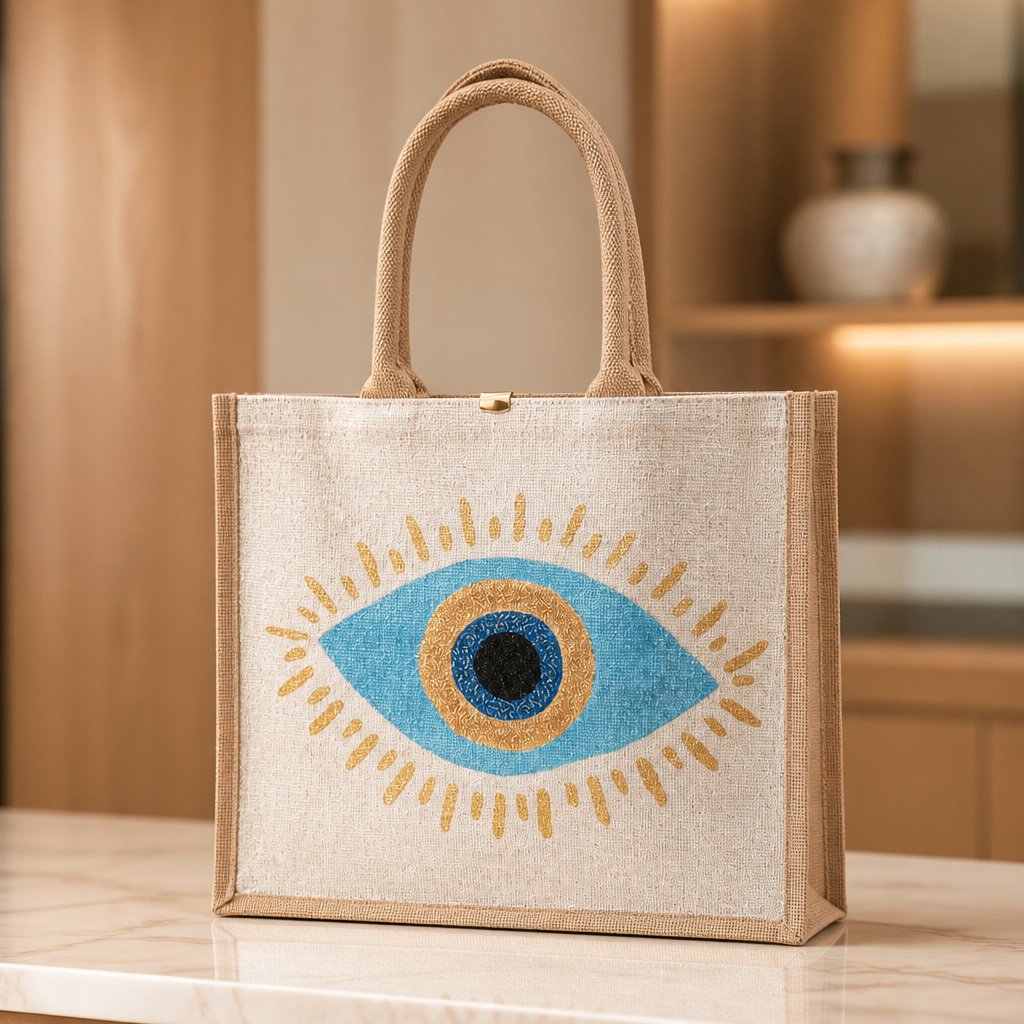 Hand-painted jute tote bag featuring a blue and gold evil eye design centered on a natural canvas background, accented with metallic gold detailing, natural jute trim, and rounded padded handles.