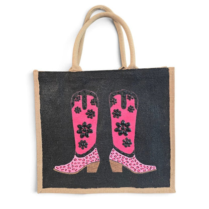 Hand-painted pink and black cowboy boot tote bag with black jeweled floral embellishments