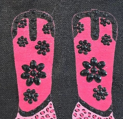 close up of  Hand-painted pink and black cowboy boot tote bag with black jeweled floral embellishments