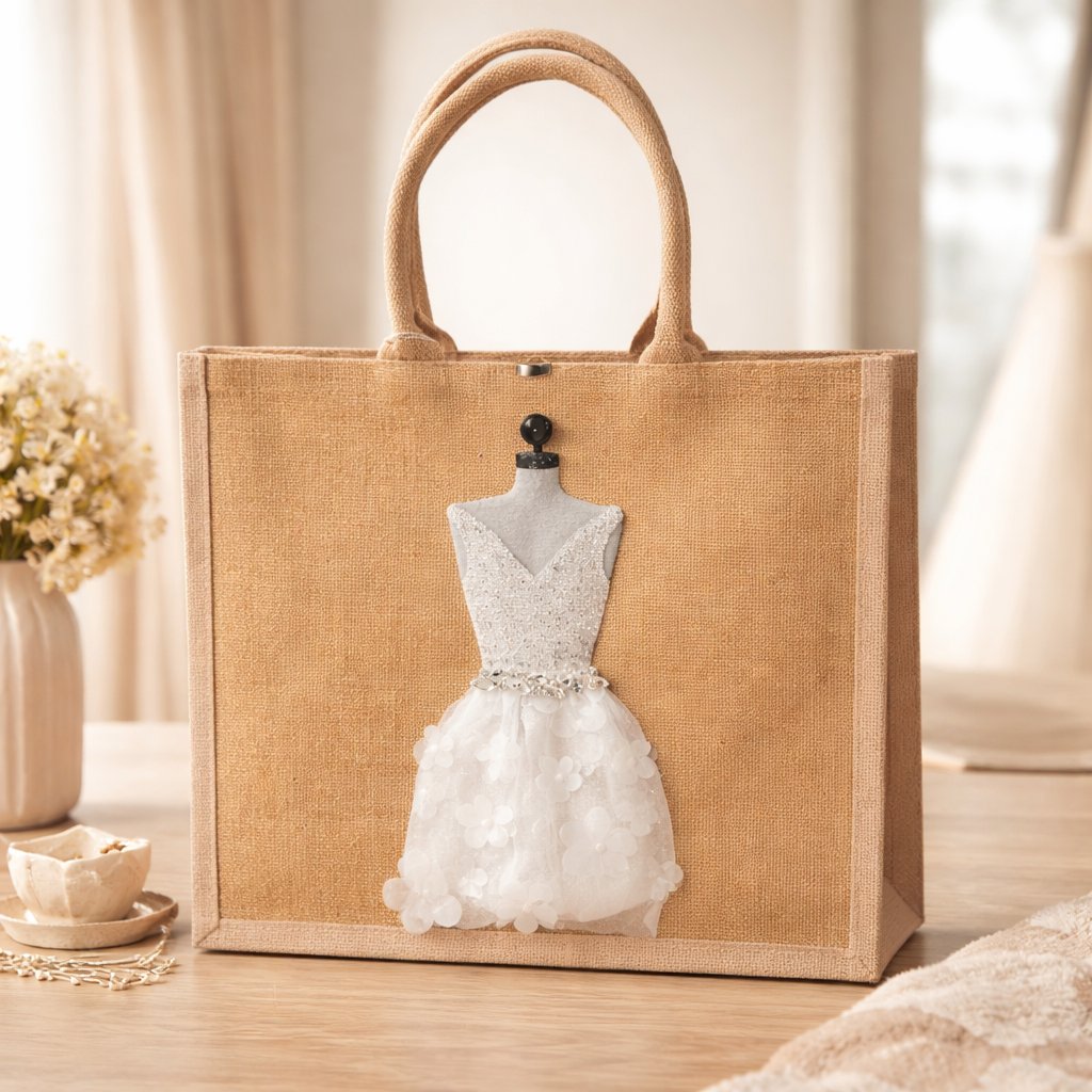 Hand-painted jute tote bag featuring an elegant white bridal dress with shimmering details on a natural canvas background