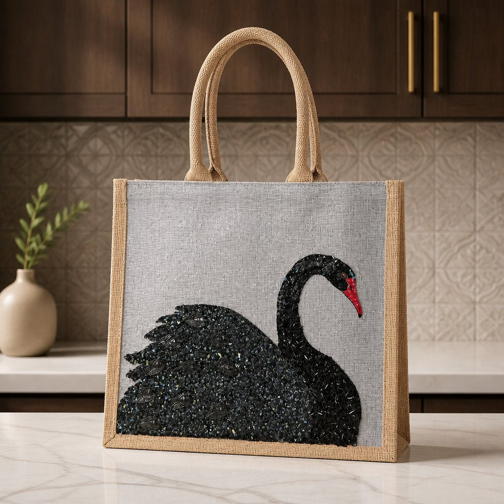 Hand-painted gray jute tote bag featuring an embellished black swan design with textured shimmer details and a red beak. The structured tote has natural woven handles and a sophisticated neutral color palette inspired by elegant, artisan-style fashion accessories.