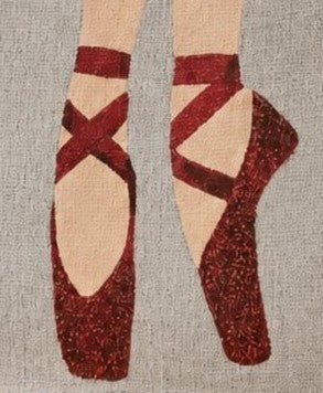 close up of Hand-painted jute tote bag featuring elegant red ballet pointe shoes on a soft neutral background. This dance-inspired tote combines natural woven textures with graceful ballet imagery, creating a stylish and artistic accessory for dancers and ballet lovers.