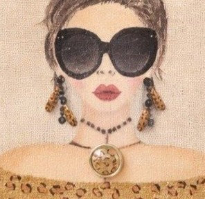 close up of Hand-painted jute tote bag featuring a stylish woman with oversized black sunglasses, a leopard print off-the-shoulder top, statement earrings, and layered jewelry on a natural canvas background.