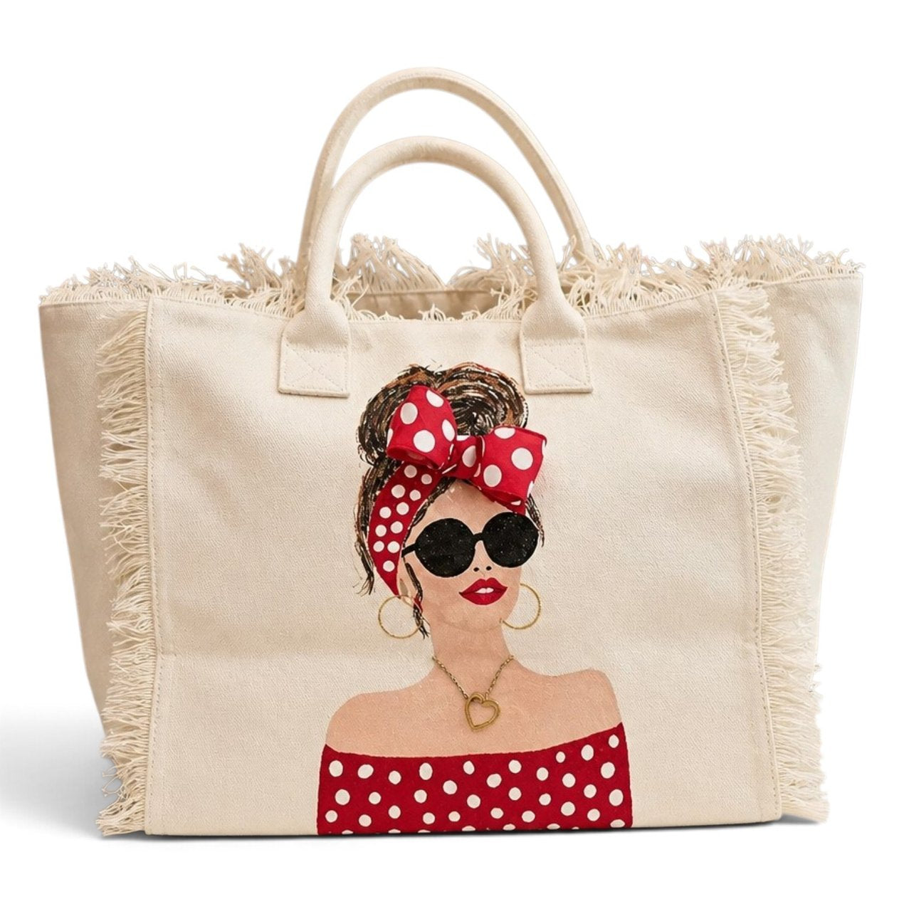 Scarlet Muse hand-painted fringed canvas tote with brunette woman in red and white polka dots
