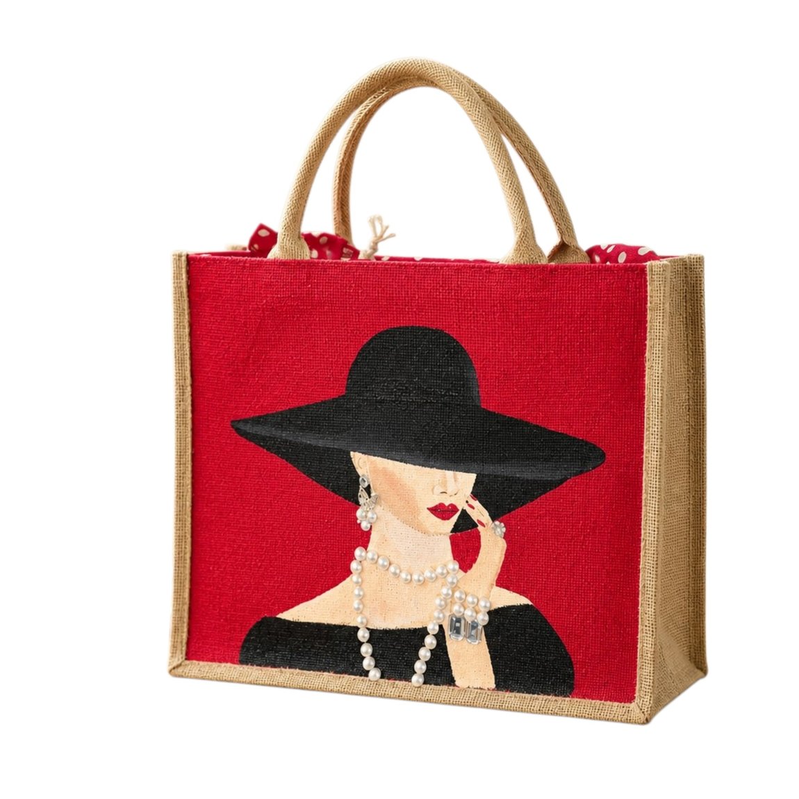 Hand-painted red jute tote bag featuring a sophisticated woman in a wide black hat with pearl jewelry and red lipstick, accented with dimensional embellishments on a bold red background.