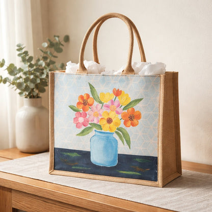 Hand-painted jute tote bag featuring colorful flowers in a blue vase against a light patterned background