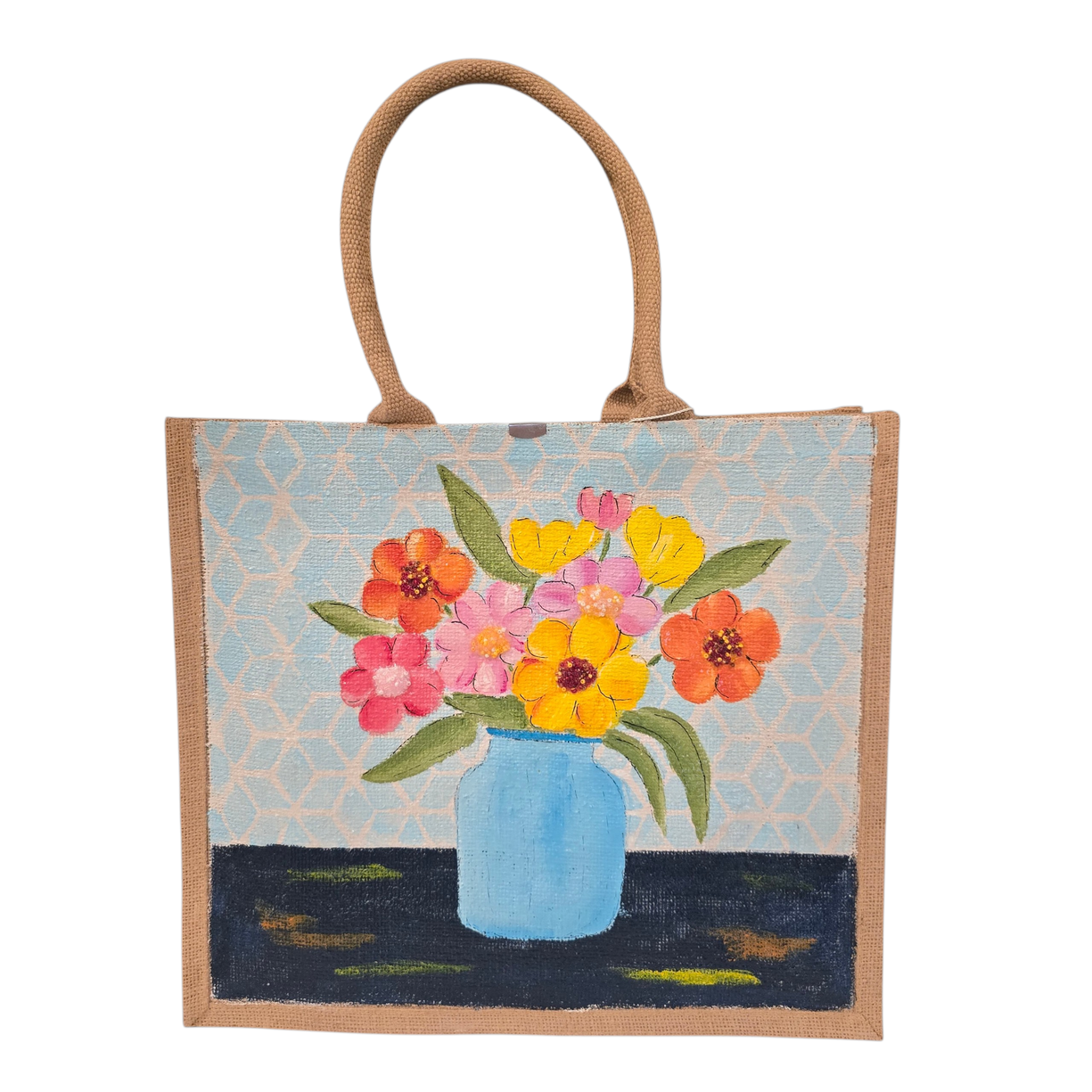 Hand-painted jute tote bag featuring colorful flowers in a blue vase against a light patterned background