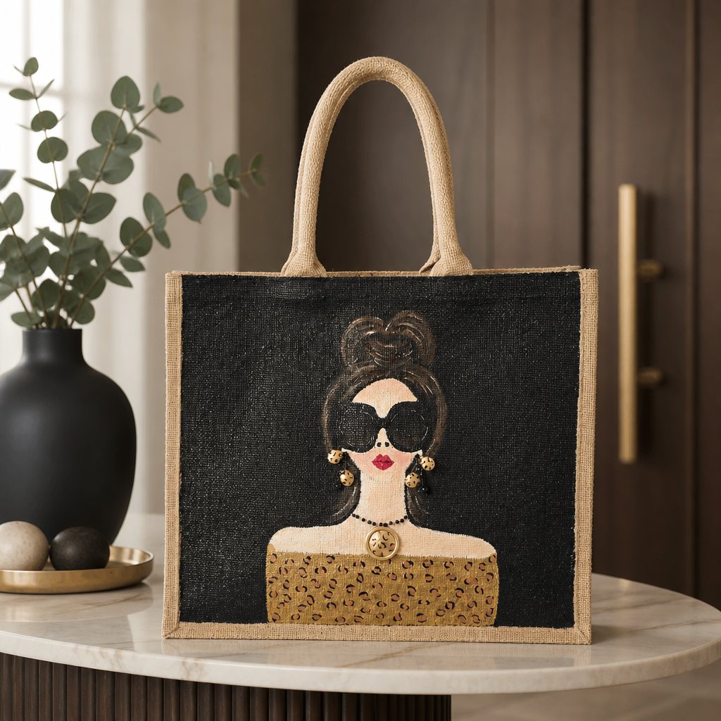Hand-Painted Glam Sunglass Lady Jute Tote Bag