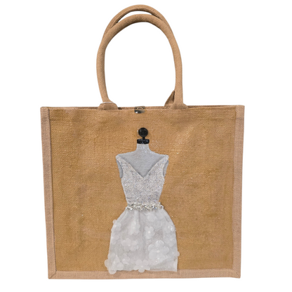 Hand-painted jute tote bag featuring an elegant white bridal dress with shimmering details on a natural canvas background