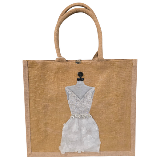 Hand-painted jute tote bag featuring an elegant white bridal dress with shimmering details on a natural canvas background