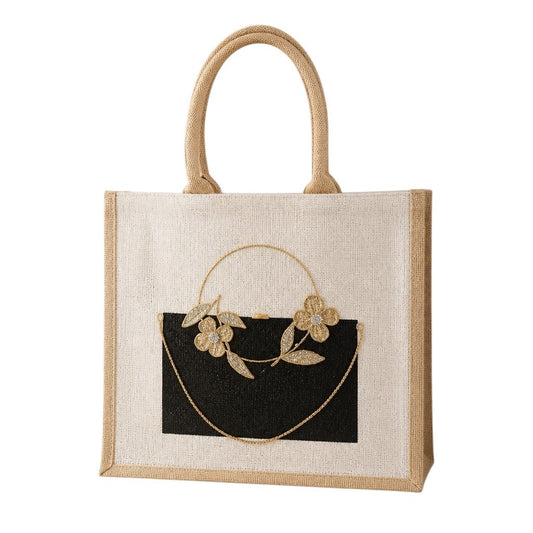 Elegant hand-painted jute tote bag featuring a black rectangular purse design accented with delicate gold floral embellishments, leaves, and a draped gold chain detail. The structured tote has woven natural handles and a sophisticated neutral color palette with artisan-inspired styling.