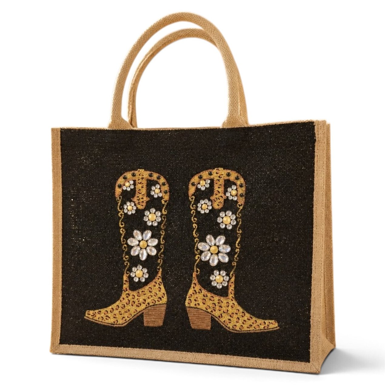 Hand-painted black and gold cowboy boot tote bag with jeweled flowers on a black background