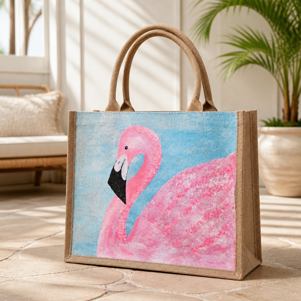 Hand-painted flamingo tote bag on natural jute canvas featuring a large pink flamingo against a soft blue background, finished with sturdy double handles and a structured rectangular silhouette.