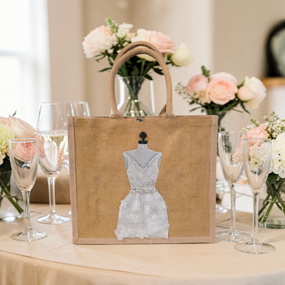 Hand-painted jute tote bag featuring an elegant white bridal dress with shimmering details on a natural canvas background