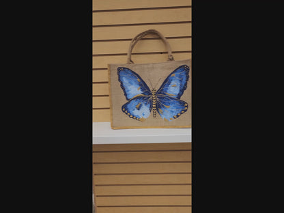 Blue Butterfly Tote Bag – Hand Painted Off White Jute Market Bag