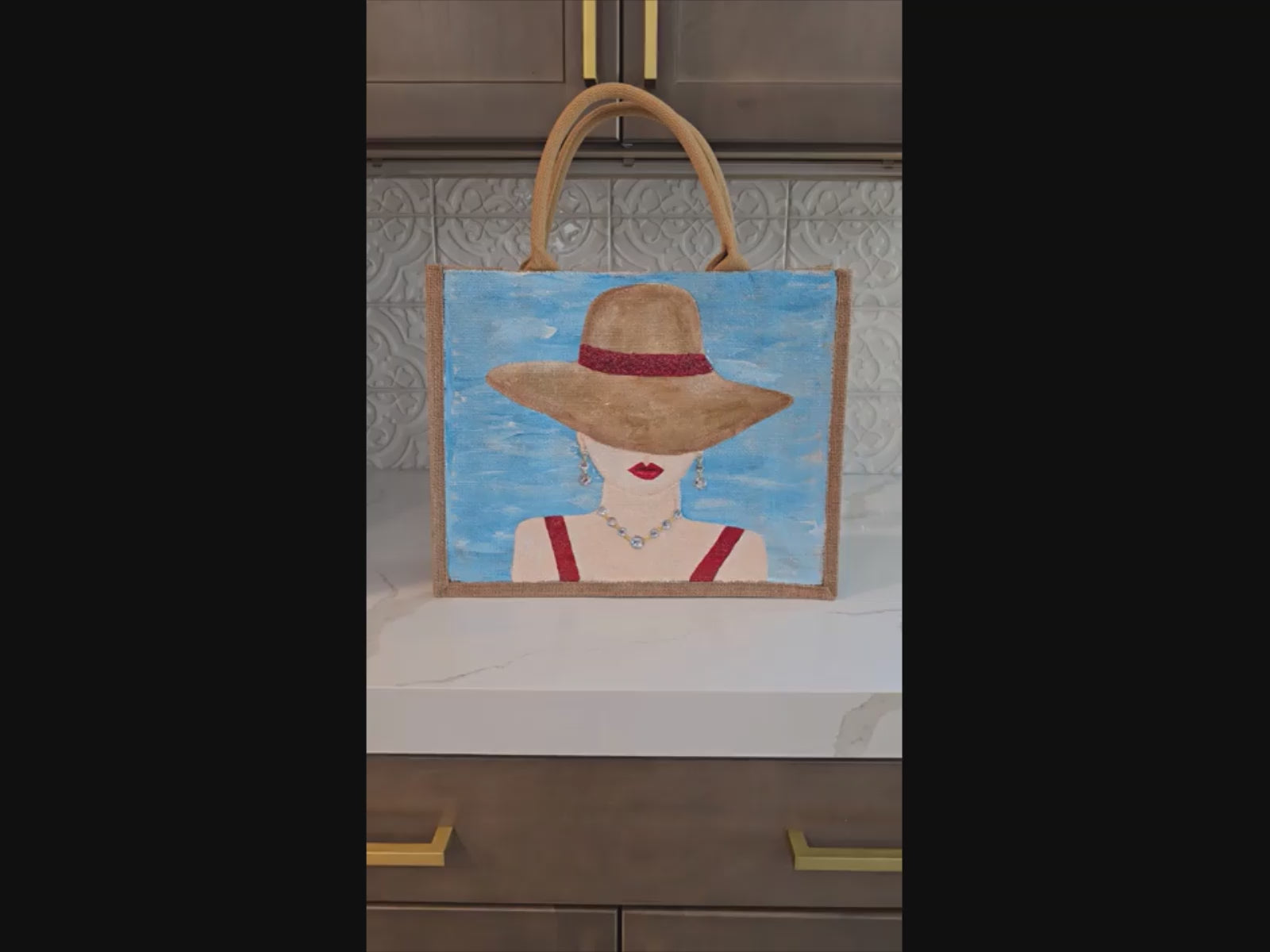 video of lady in hat beach tote bag, blue beach tote, hand painted beaded lady jute bag, eco-friendly summer tote