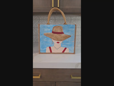 video of lady in hat beach tote bag, blue beach tote, hand painted beaded lady jute bag, eco-friendly summer tote