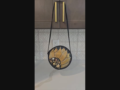black floral crossbody bag, golden bloom crossbody purse, hand painted canvas crossbody bag