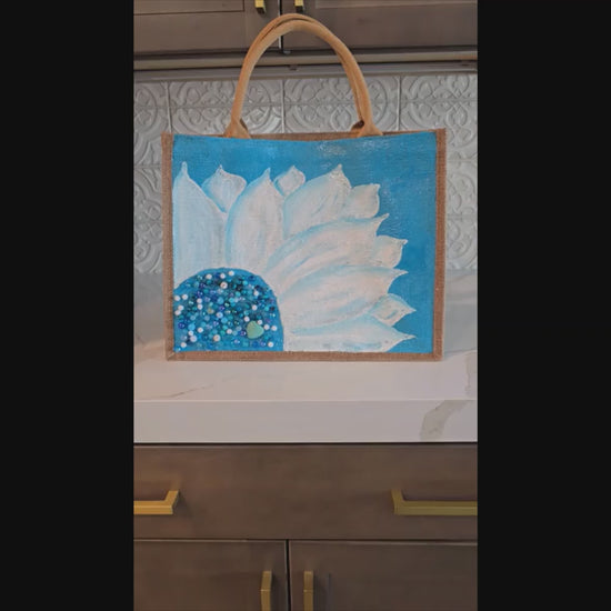 Turquoise-and-White-Sunflower-Tote-Bag, Hand-Painted-with-Beads-and-Charm, Artistic-Design