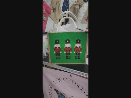 nutcracker tote bag, hand painted Christmas tote, beaded holiday tote, green jute Christmas market bag
