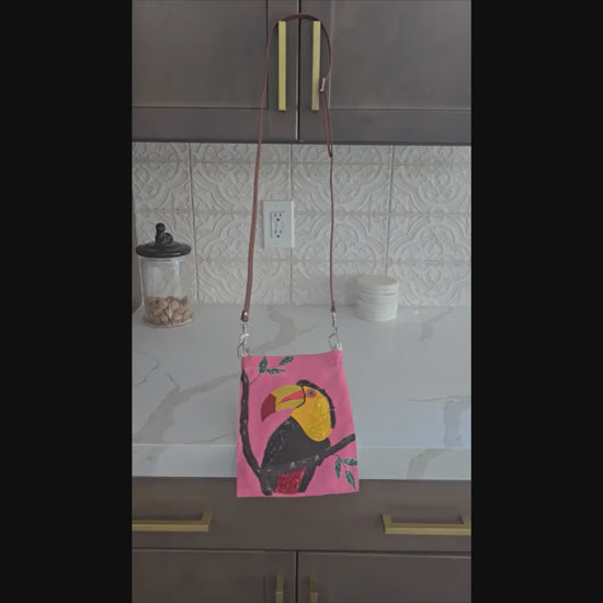Toucan Small Canvas Crossbody Purse Hand-Painted Tropical Bird on Pink Background – Leather Strap