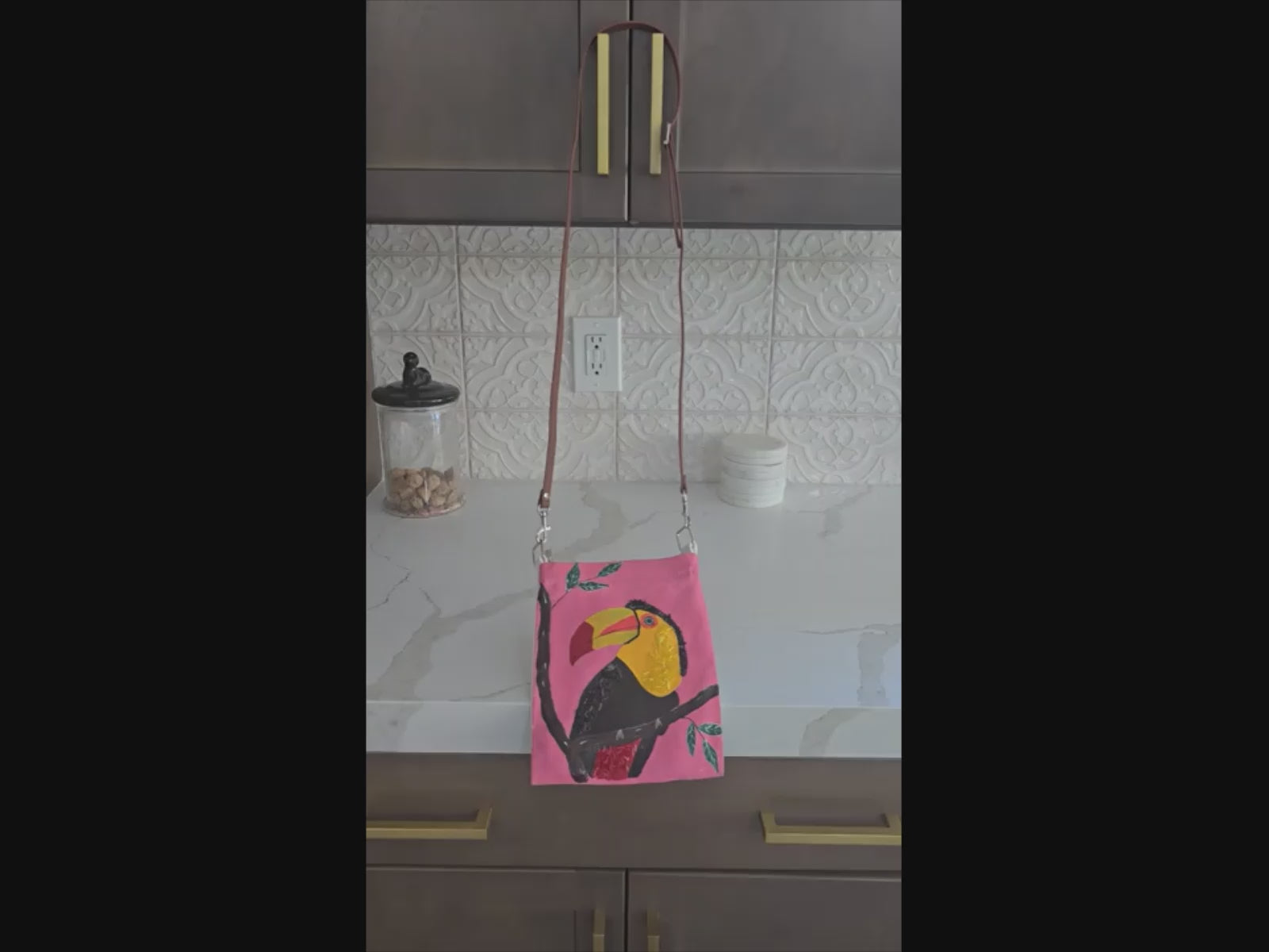 Toucan Small Canvas Crossbody Purse Hand-Painted Tropical Bird on Pink Background – Leather Strap
