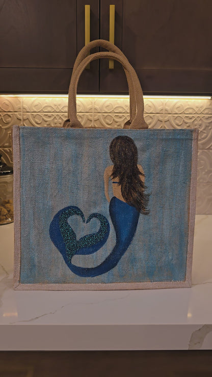Mermaid Hand-Painted Jute Tote Bag with Iridescent & Undersea Details