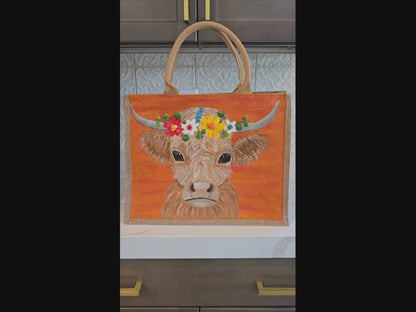 multicolor highland cow tote bag, orange tote bag, hand painted beaded cow jute bag, eco-friendly animal tote