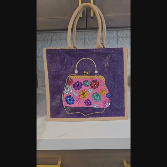 video of Hand-painted floral jewel purse tote on purple jute with multicolor rhinestone flowers
