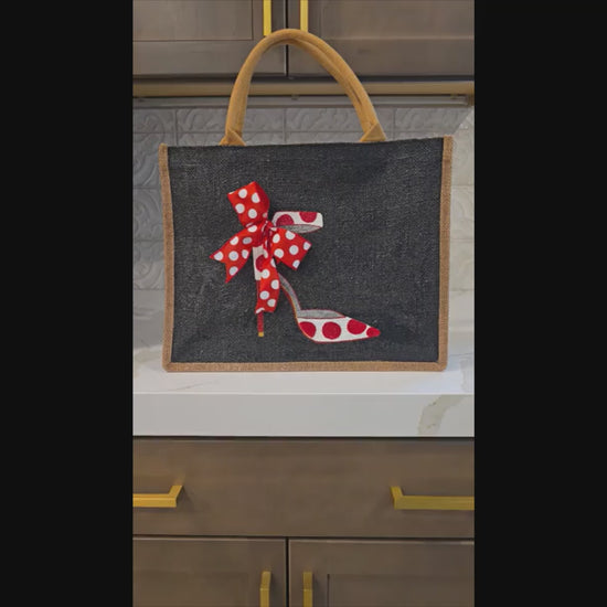 Hand-Painted-Tote-Bag, Red-and-White-Polka-Dot-Stilettos, Unique-Artistic-Design