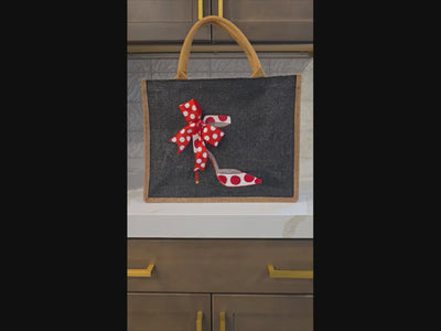 video of black tote bag, black canvas tote bag, ladies black tote bag, red stiletto tote, polka dot tote bag, hand-painted tote, eco-friendly fashion, bold accessories, Dana's Uncommon Glass