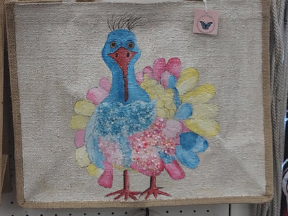 pastel turkey tote bag, Thanksgiving tote bag, turkey tote bag, fall tote bag, beaded turkey jute bag, off white tote bag
